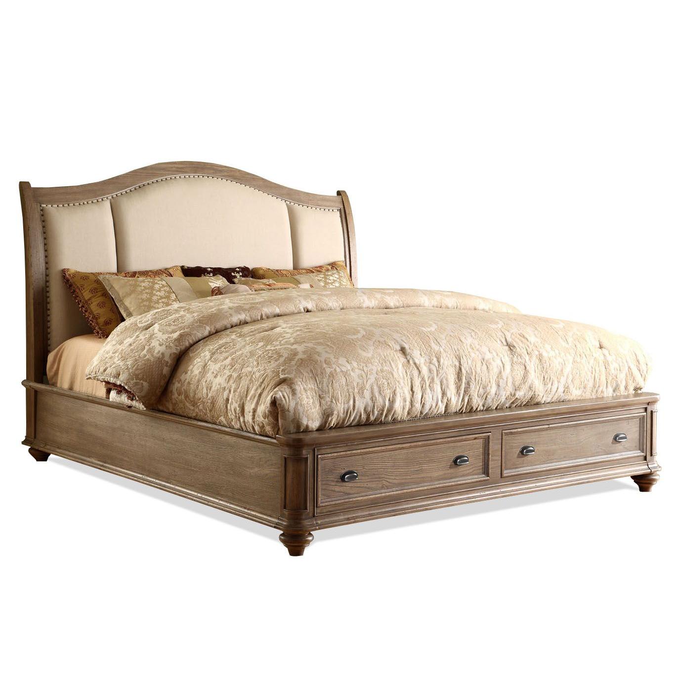 California King Upholstered Headboard Bed with Storage Footboard by